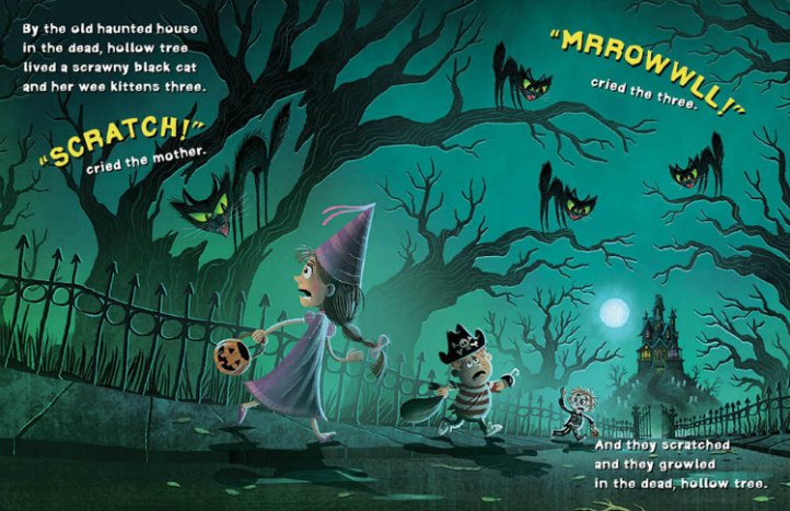 Three trick-or-treaters walk down a street lined with trees filled with menacing black cats. The road leads to a spooky-looking house on a hill.