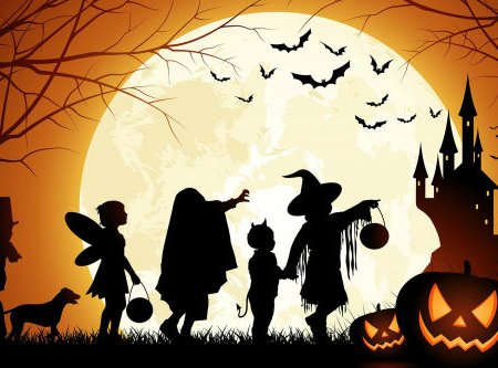 Five trick-or-treaters and their dog are silhouetted against a huge full moon with a castle and bats in the background and three jack-o-lanterns in the foreground.
