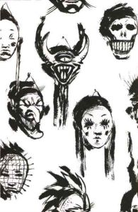 Various disturbing masks hang on a wall. One mask resembles Pinhead from Hellraiser, the film based on Clive Barker's novella The Hellbound Heart.