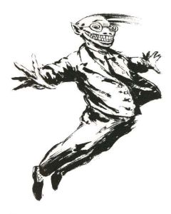 An illustration of a man wearing glasses and a suit with a wide, disturbing grin. He is blown forward by the wind.