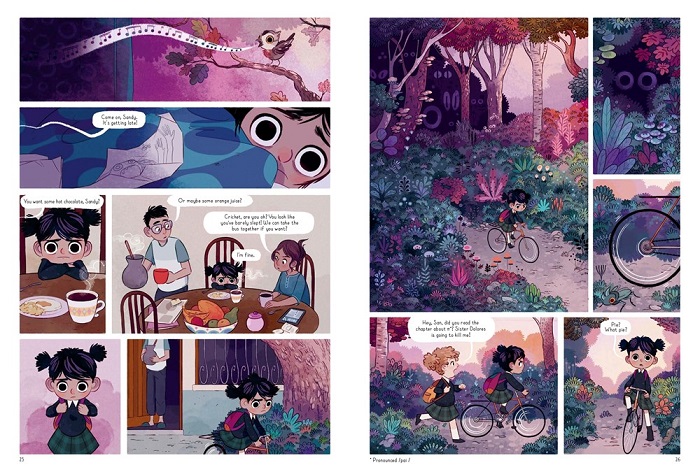 Image: Comic book panels showing Sandy waking up, grumpily refusing to eat breakfast with her parents, and then riding her bike to school. A classmate runs past her and mentions pi, to which Sandy responds, "Pie? What pie?"
