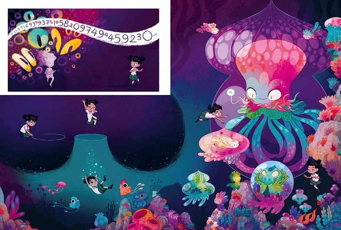 Image: Sandy draws a circle to escape Morfie, going through the circle to an underwater dreamland filled with friendly flora and fauna.