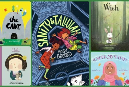 Collage with green background displaying book covers for The Cave, My First Ada Lovelace, Sanity & Tallulah, Wish, and Under My Hijab.