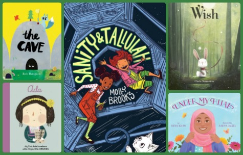 Collage with green background displaying book covers for The Cave, My First Ada Lovelace, Sanity & Tallulah, Wish, and Under My Hijab.