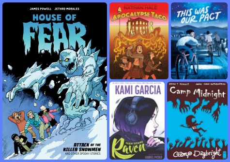 A collage of comic book covers with a blue background. The titles included are House of Fear: Attack of the Killer Snowmen and Other Spooky Stories, Apocalypse Taco, Teen Titans: Raven, This Was Our Pact, and Camp Midnight Volume 2: Camp Midnight vs. Camp Daybright.