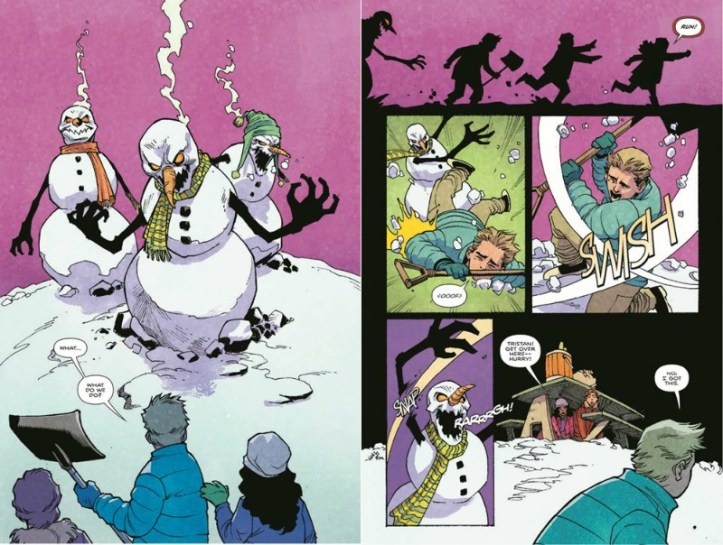 A two-page comic book spread. A blonde boy in a blue coat fights three evil snowmen while his friends escape.