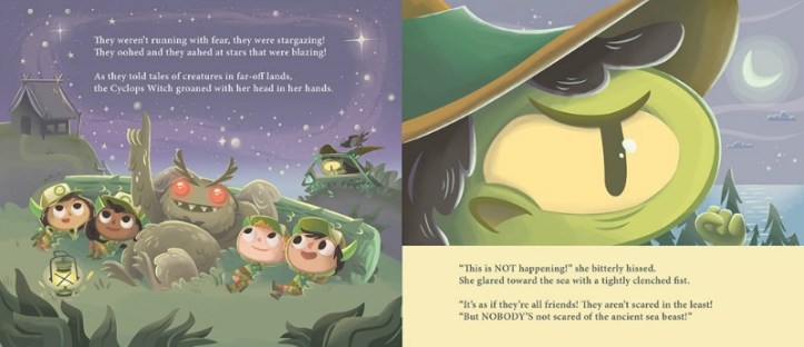 Left side: Mothman and four children lie on green grass against a mossy log at night and watch the stars. Cyclops Witch watches them from a hiding place. Right side: A close-up of Cyclops Witch's face. Her brow is furrowed and the moon shines behind her.