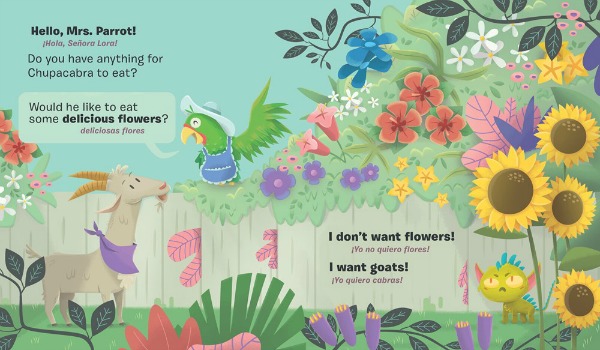 A young brownish-grey goat with a purple bandana speaks to a smiling green parrot wearing an apron and a sun hat. They stand in a beautiful garden filled with colorful flowers. A tiny green chupacabra sits underneath the flowers and looks upset, because he wants to eat a goat but Goat and Mrs. Parrot suggest that he eat some flowers instead.