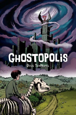 A white boy with brown hair sits slumped-over on a skeleton horse as he gazes up at the horizon, where a large grey castle with sharp spires sits among swirling purple and blue fog. Text: "Ghostopolis. Doug TenNapel."