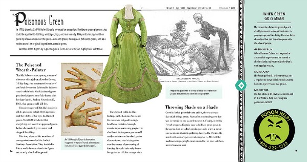 A two-page spread titled "Poisonous Green." Images include a photo of a light green ball gown, illustrations of light-skinned hands affected by arsenic poisoning, and a drawing entitled "The Arsenic Waltz" showing a skeleton in a tuxedo bowing in front of a skeleton in a ball gown.