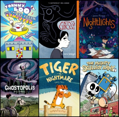 Six graphic novel covers in a collage with a black background: Johnny Boo and the Ice Cream Computer, Anya's Ghost, Nightlights, Ghostopolis, Tiger vs. Nightmare, and The Mighty Skullboy Army.