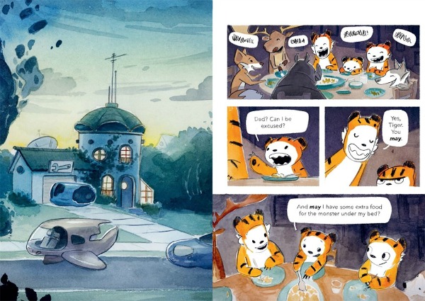Two comic book pages. Left: The outside of a futuristic green and blue house with antennae on top of a domed roof. Rounded hover cars with fins float along the road in front of the house. Right: Tiger's family eats a meal at the dinner table with other adult animal friends: a deer, a fox, a rhino, and a wolf. Tiger asks to be excused from the table and asks for a plate of food for the monster under her bed.