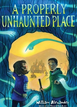 Image: A girl and a boy, both with light brown skin and dark brown hair, gaze at ghostly blue arms and stand in front of a circular yellow portal.