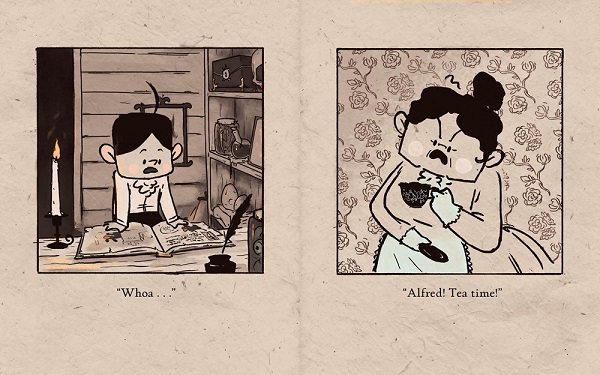 Image: Two picture book pages. On the left, a young boy with pale skin and black hair reads a book by candlelight and says, "Whoa..." On the right, a woman with pale skin and black hair scowls and holds a teacup. She says, "Alfred! Tea time!"