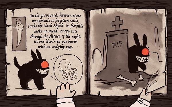 Image: A young boy's pale hands hold open a tattered book that shows pictures and includes a description of the Black Shuck, a dog-like creature with one glowing red eye.