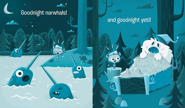 Image: In two nighttime scenes illustrated in shades of blue, Krampus shouts happily at four narwhals in water and a Yeti in a bed in the forest. Text: "Goodnight narwhals! and goodnight yeti!"