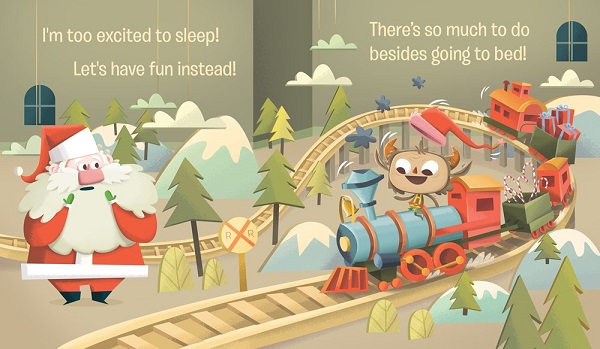 Image: Santa looks on in shock as Krampus rides a toy train through the workshop. Text: "I'm too excited to sleep! Let's have fun instead! There's so much to do besides going to bed!"