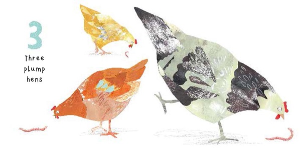 Image: Three multicolored hens peck at worms. Text: "3 Three plump hens."