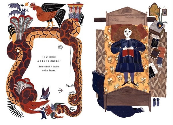 Image: Two illustrations. Left: A snake curls around text that reads, "How does a story begin? Sometimes it begins with a dream." Right: A young girl with white skin and auburn hair wears a blue dress and lies on a bed holding a book.