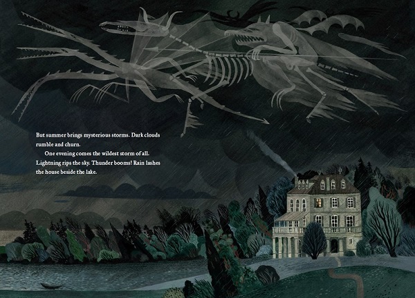 Image: An illustration of a grey house sitting in a dark wooded area next to a lake. The sky is black with white cloudy monsters in it.