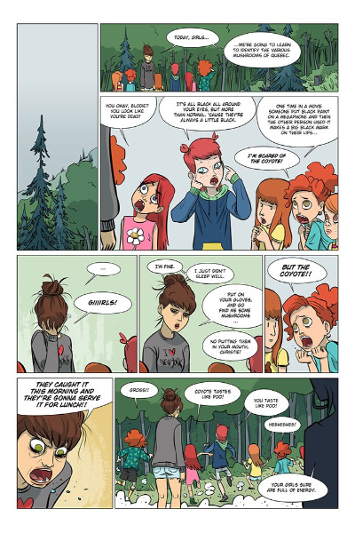 Image: Eight comic panels show Élodie trying to convince the redheads to walk through the woods to learn about mushrooms.