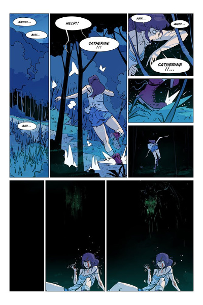 Image: Eight comic panels show Élodie running through the forest at night to escape an eerie presence.