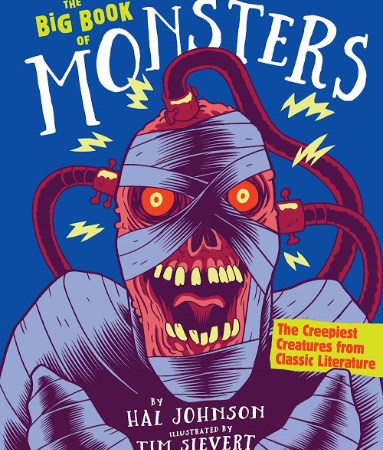 Image: Against a blue background, a red mummy wrapped in light grey fabric shrieks as three sparking electrical wires protrude from his head.