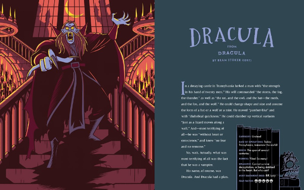 Image: A blue-skinned vampire with a dark cloak and long yellow fangs descends a Gothic staircase and points menacingly at the viewer. A yellow crescent moon shines behind him in a large window.