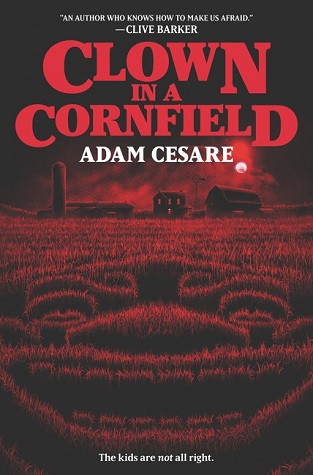 Image: Black and red illustration of a cornfield at night, with the rows of corn forming the shape of a malicious clown's face.