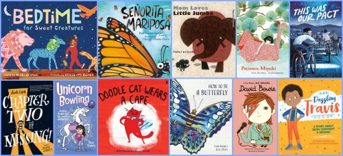 Image: Collage of book covers with a periwinkle border. Books shown, clockwise from top left: Bedtime for Sweet Creatures; Señorita Mariposa; Mom Loves Little Jumbo; Patience, Miyuki; This Was Our Pact; Dazzling Travis; David Bowie; How to Be a Butterfly; Doodle Cat Wears a Cape; Unicorn Bowling; and Chapter Two Is Missing!