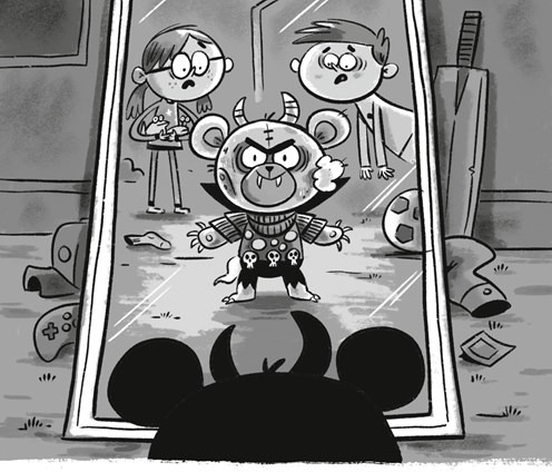 Image: A black-and-white illustration of a demonic teddy bear with fangs, claws, horns, and sunken eyes and cheeks looking at himself in a mirror while two shocked children look on from behind.