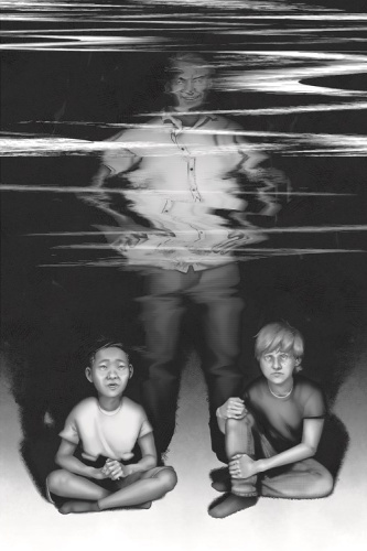 Image: A black-and-white illustration shows two boys sitting down with the light from a TV screen illuminating them from the front. A man stands behind them; the top half of his body is distorted like a staticky VHS tape.