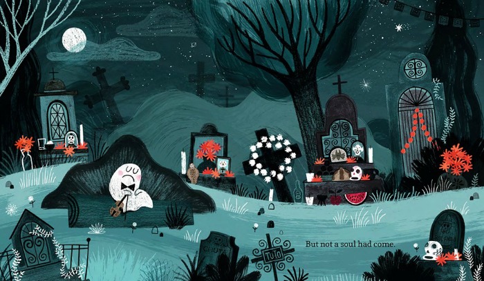 Image: A white ghost wearing a black bowtie and holding a violin sits dejectedly on a sofa in the middle of a cemetery that has been decorated for the Day of the Dead. 