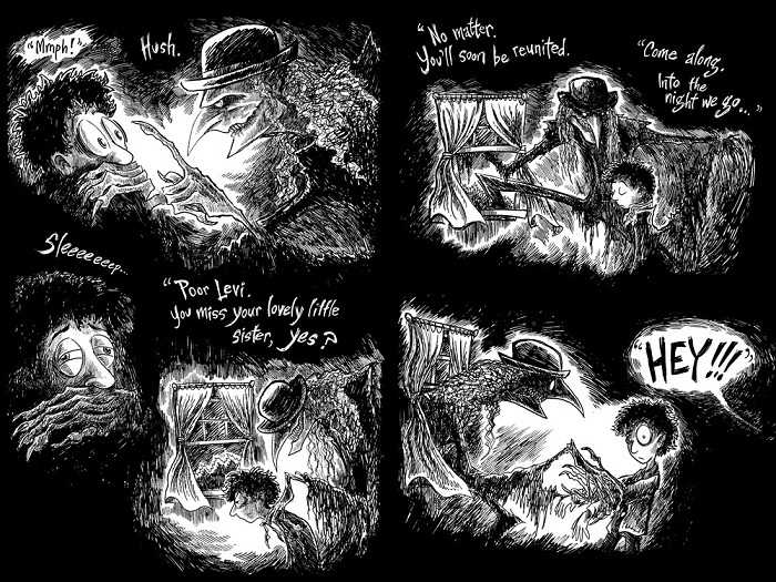Image: Two pages of black-and-white illustrations with text. The background is deep black. A tall, gangly figure with sharp teeth and sharp fingernails tries to lead a boy out his bedroom window, until they are interrupted by someone unseen yelling, "HEY!!!"